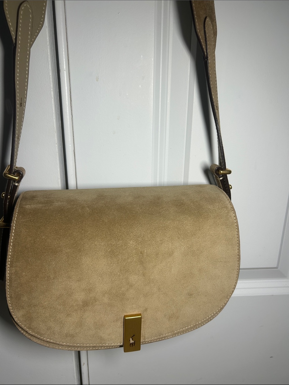 Ralph Lauren Tan Suede Saddle Crossbody with Gold-Tone Accent